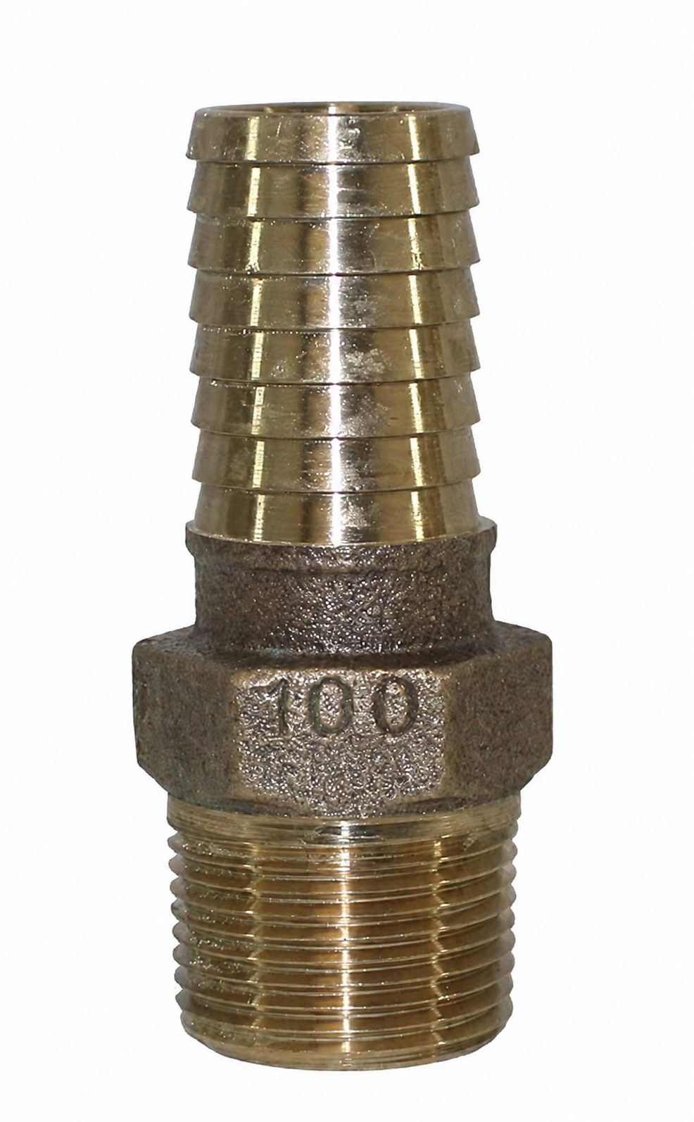 Merrill no-lead bronze male adapter insert fitting with barbed insert end and MIP thread, marked 100 on the hex body